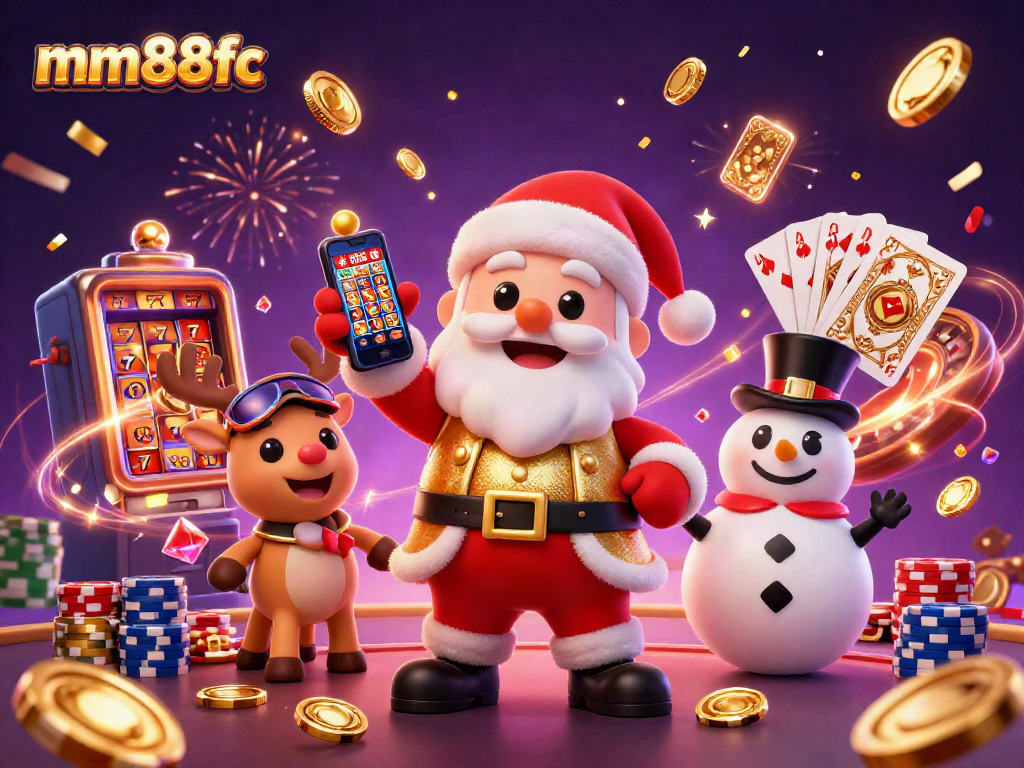 Experience the excitement of mm88fc with Santa and friends in a glittering casino scene, celebrating with slot machines.