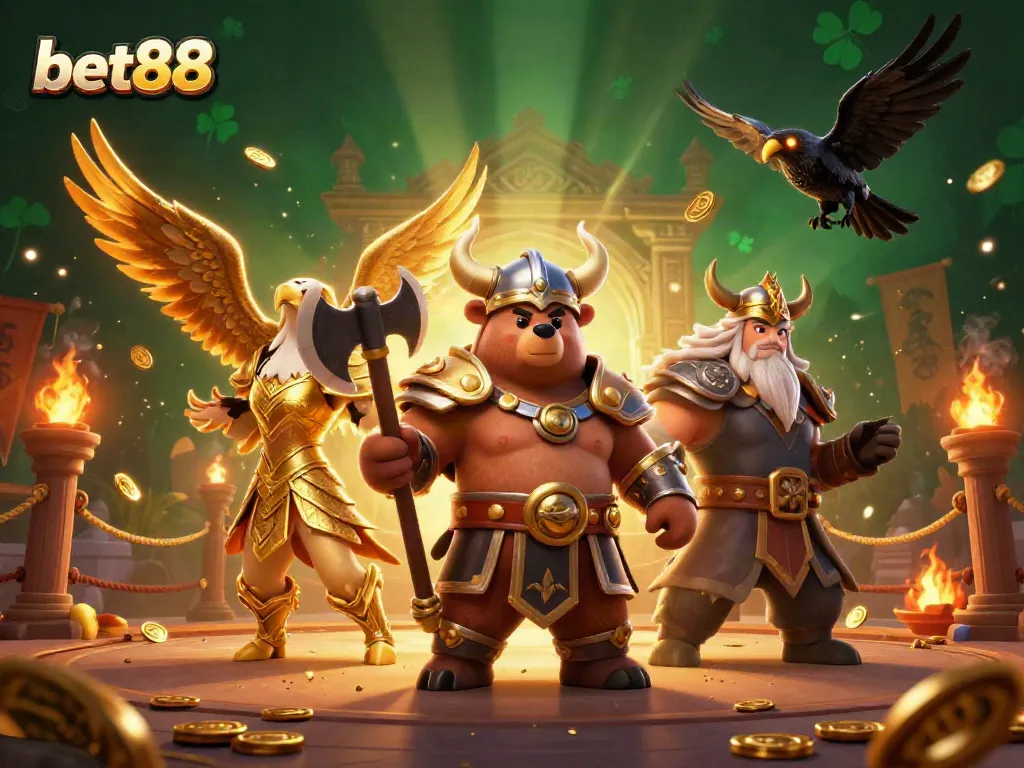 Experience thrilling betting with bet88 in an action-packed 3D illustration featuring Viking and Valkyrie characters.