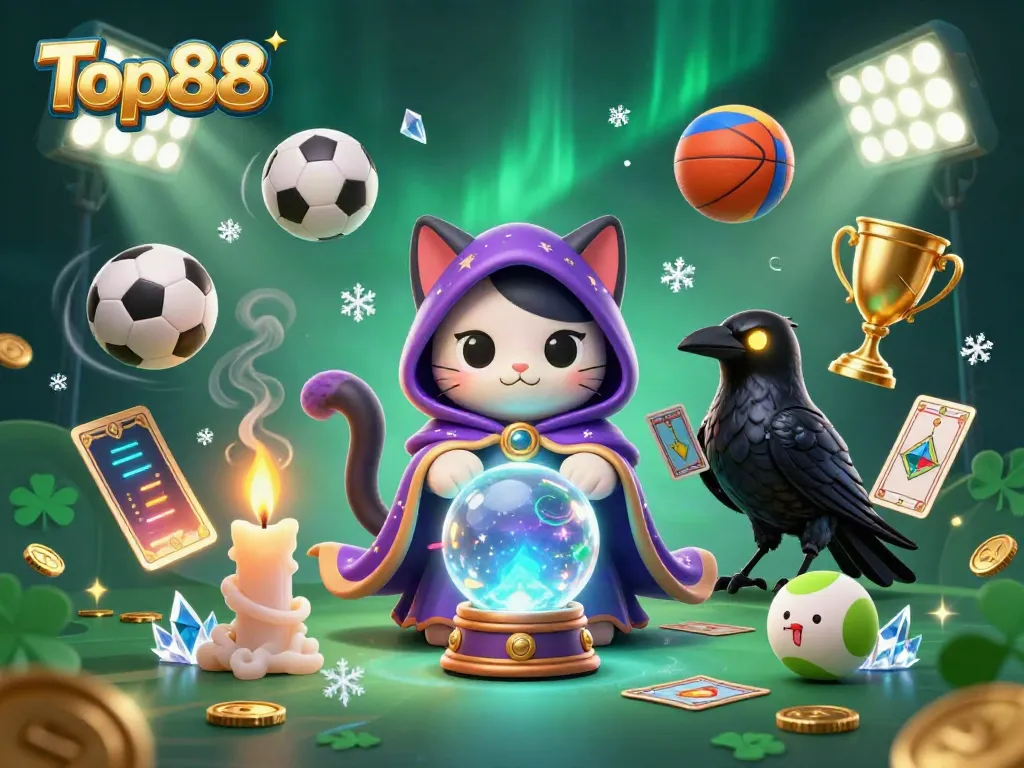 Engaging Top88 casino illustration showcasing a mystic cat, glowing raven, and dynamic sports elements.