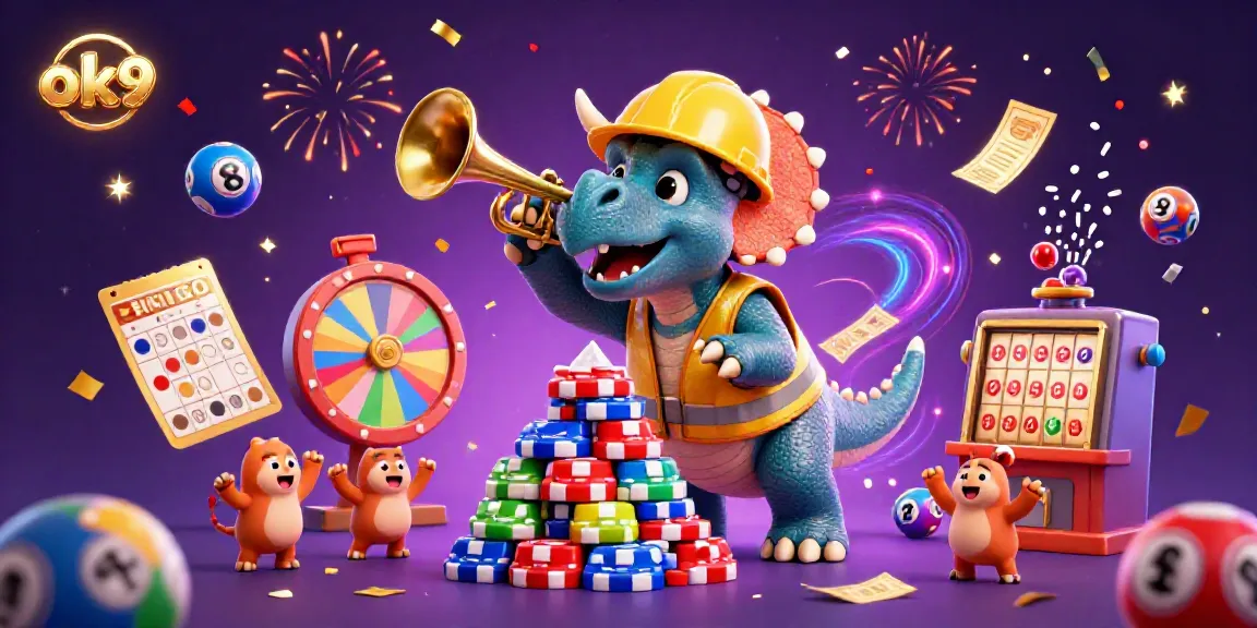 Engage in thrilling gameplay with ok9's energetic casino scene, featuring dynamic cartoon dinosaurs and vibrant gaming elements.