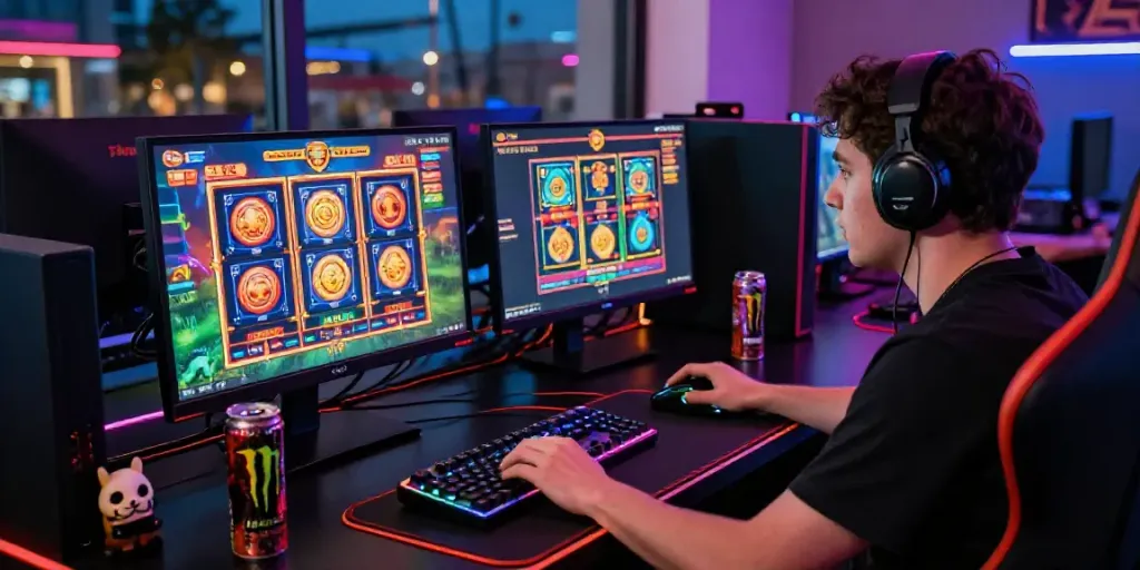 Player engaging with kayu77 online slot games on dual monitors, gaming peripherals, and vibrant lighting.