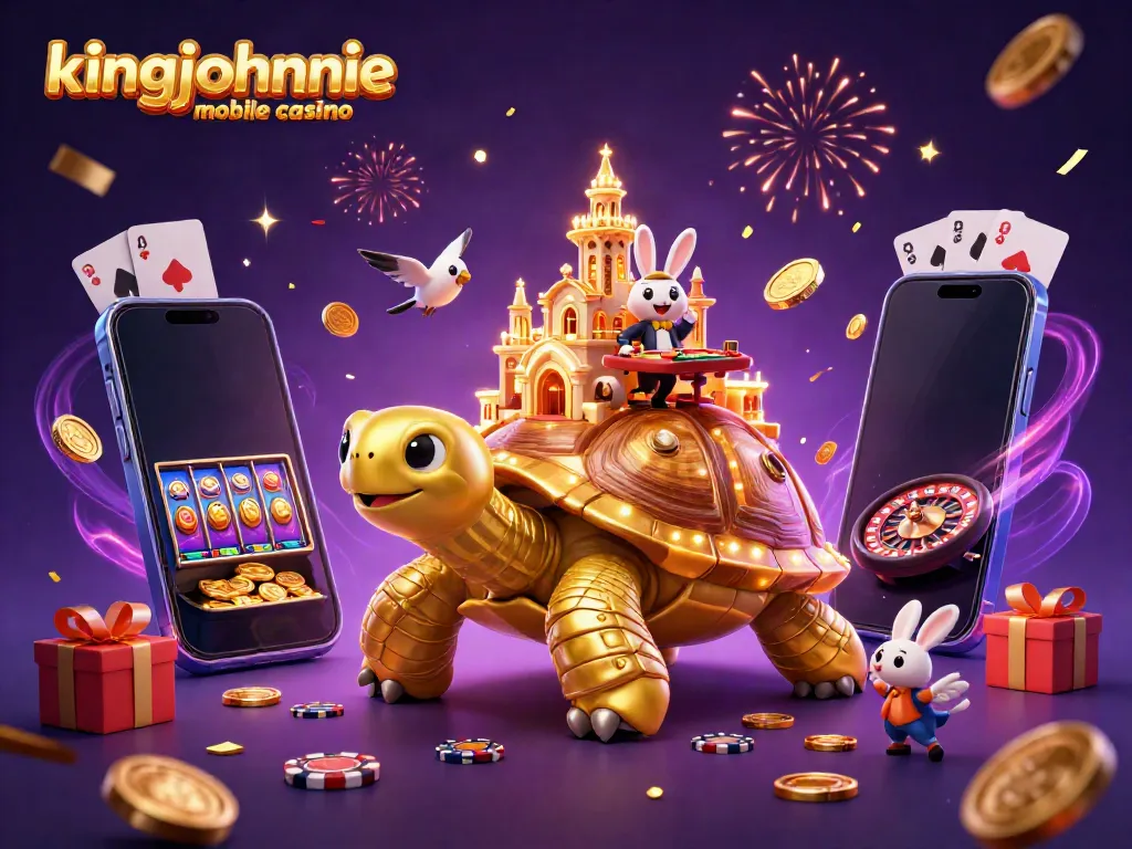 Experience excitement at kingjohnnie mobile casino with vibrant 3D art featuring a golden tortoise and a rabbit dealer.