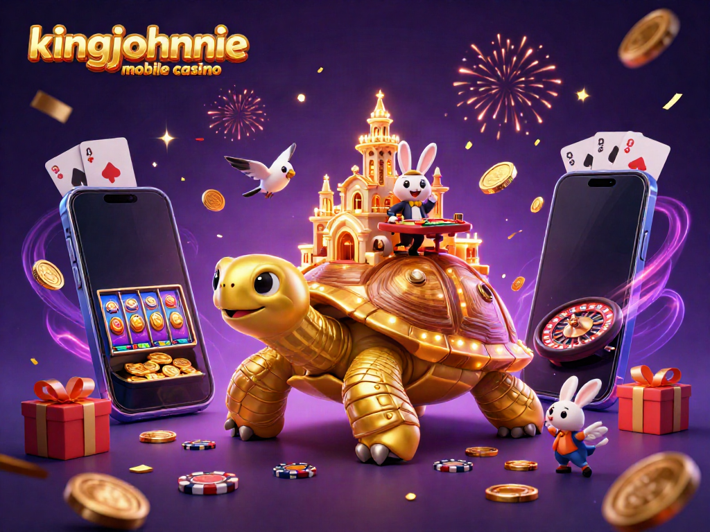 Experience excitement at kingjohnnie mobile casino with vibrant 3D art featuring a golden tortoise and a rabbit dealer.