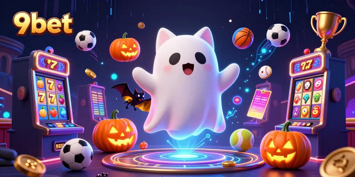 Engage in an exciting casino atmosphere with 9bet's ghost cat and vampire bat alongside dynamic gaming elements.