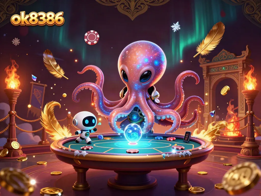 Engage in exciting poker adventures at ok8386 with a 3D alien octopus and robot companions.