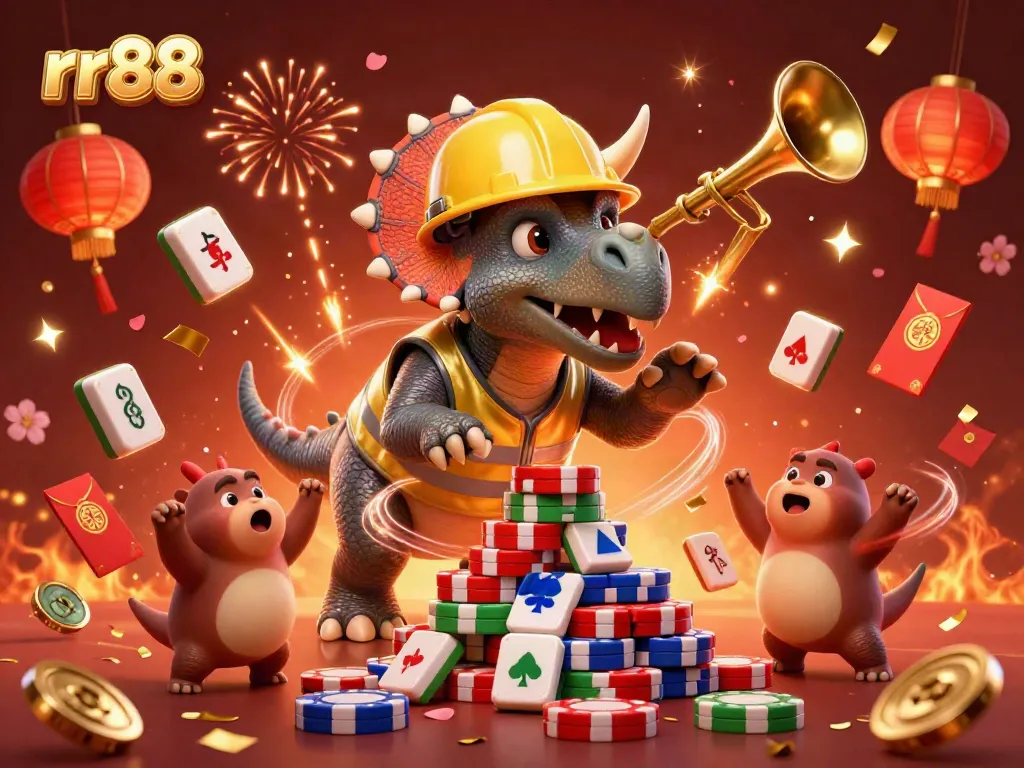 Experience rr88 with a vibrant casino-themed 3D scene featuring a triceratops and celebration elements.