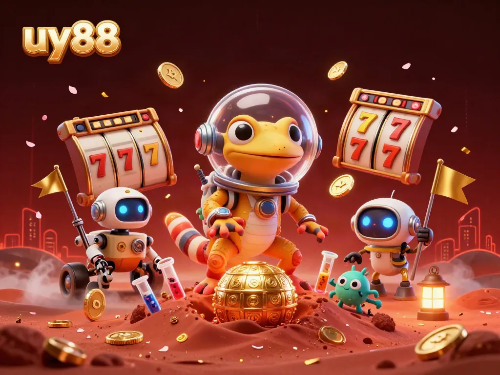 Experience thrilling gaming action at uy88 with Martian geckos, golden casinos, and slot reels.
