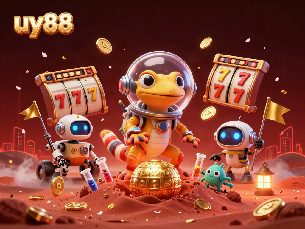 Experience thrilling gaming action at uy88 with Martian geckos, golden casinos, and slot reels.