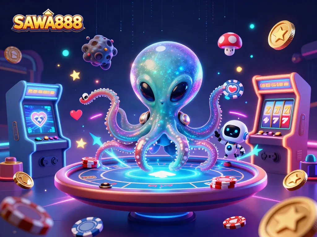 Experience SAWA888 with a 3D alien octopus and a holographic poker table, full of vibrant casino elements.