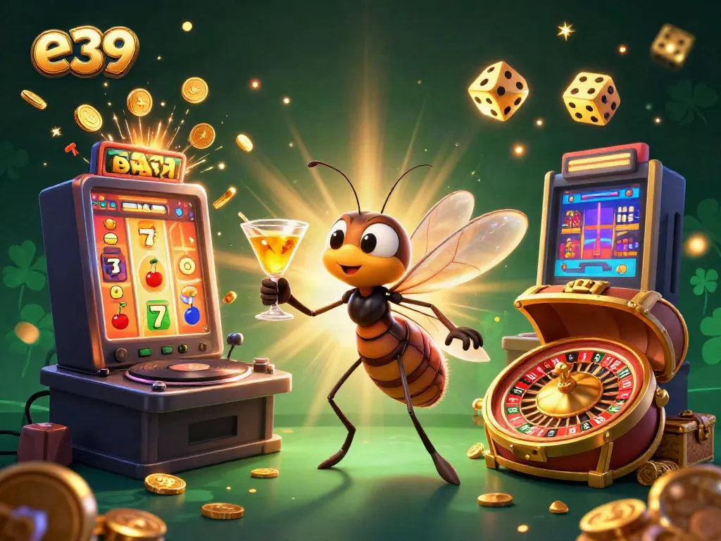Experience thrilling wins with e39's vibrant casino illustration showcasing unique characters and games.