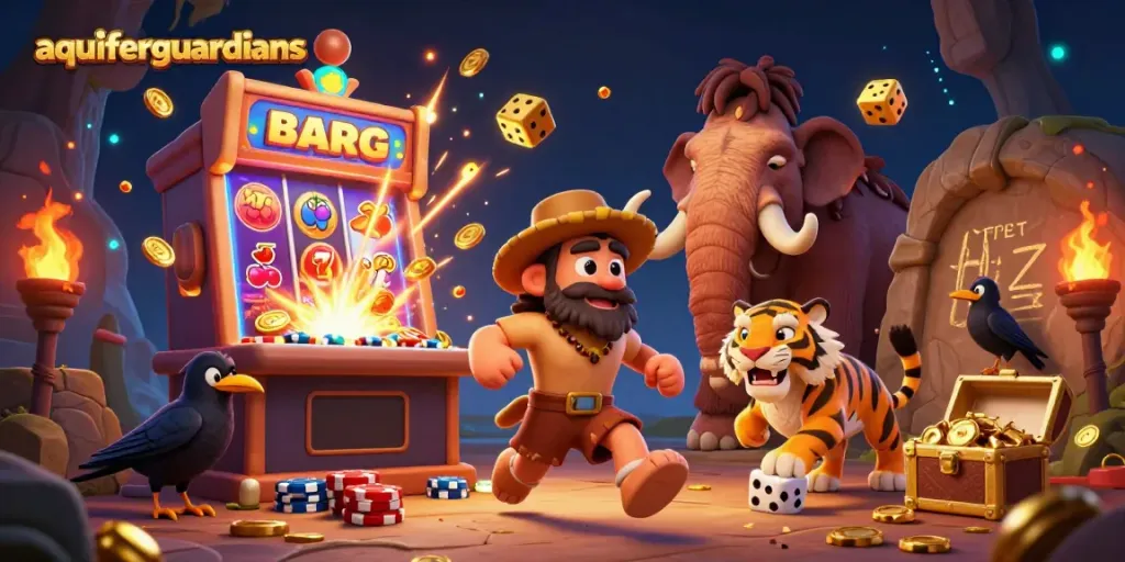Memainkan slot jackpot dengan aquiferguardians, dikuasai oleh karakter kartun prasejarah.
