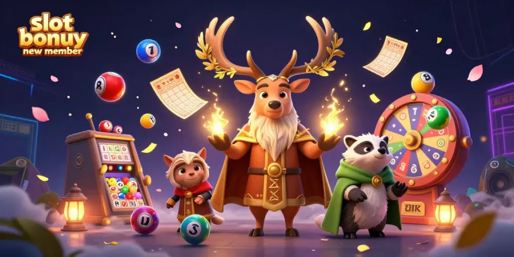 Engaging depiction of a slot bonus new member scene featuring a Celtic stag, a wise badger amidst dynamic gaming elements.
