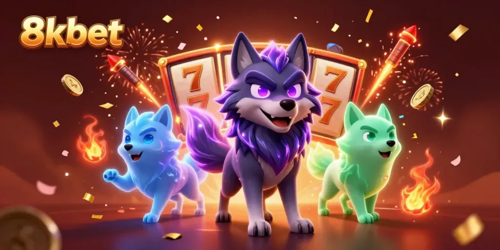 Experience excitement at 8xbet with animated characters celebrating casino wins amidst dynamic gaming elements.