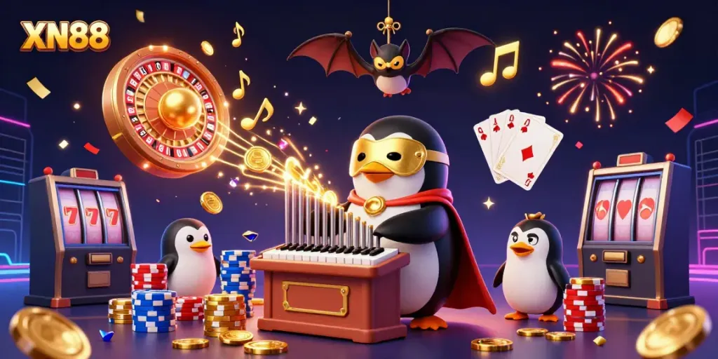 XN88 casino scene featuring a phantom opera penguin and casino elements with fireworks and gold coins.