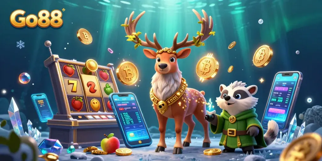 Experience exciting gameplay at Go88 with 3D cartoon characters and vibrant casino elements.