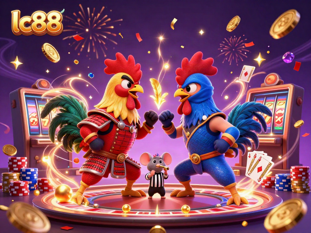 Witness an epic showdown between lc88's captivating roosters amidst a flurry of casino treasures.