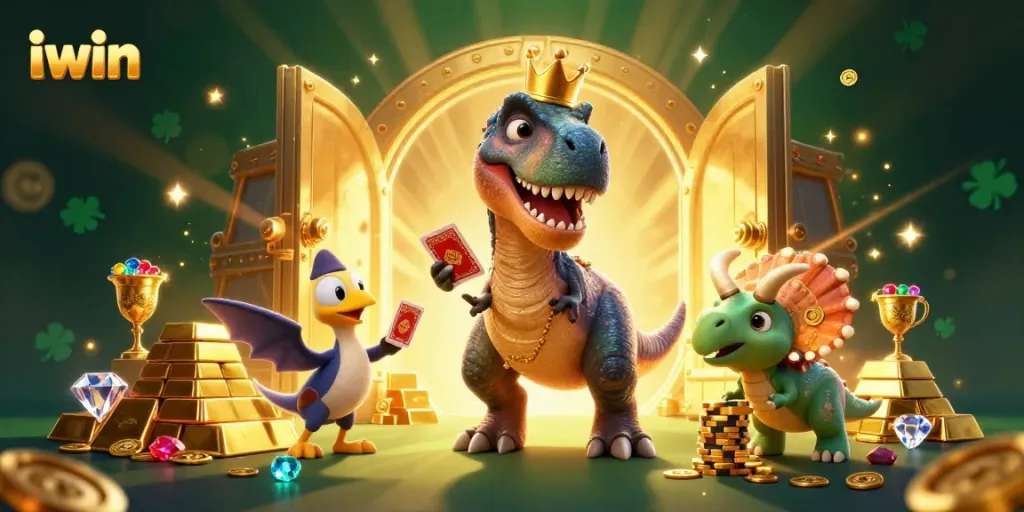 Engage with exciting iwin action in a vibrant 3D casino scene featuring a T-Rex and friends.