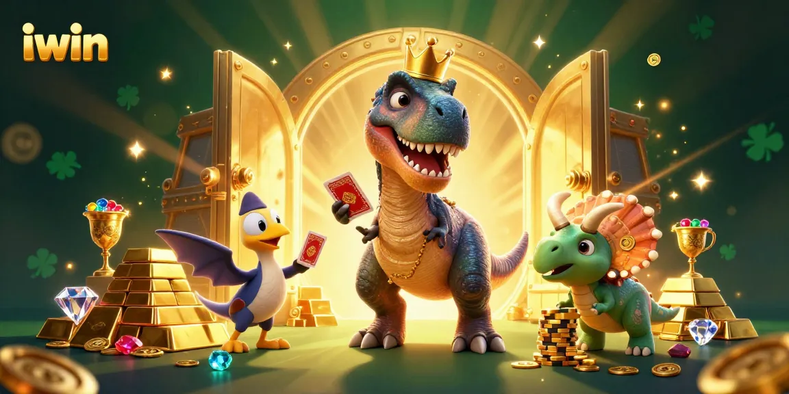 Engage with exciting iwin action in a vibrant 3D casino scene featuring a T-Rex and friends.