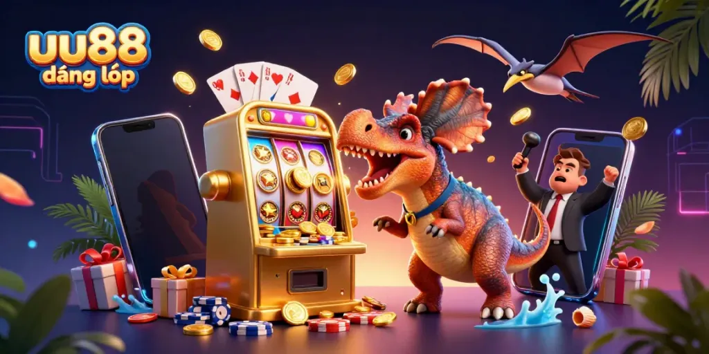 Engaging scene of uu88 đăng nhập with a pachycephalosaurus and golden slot machine, surrounded by vibrant casino elements.
