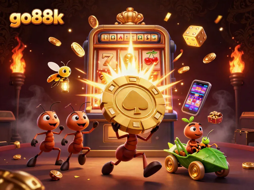 Engage with go88k as ants heist a golden poker chip amid a dynamic casino explosion.