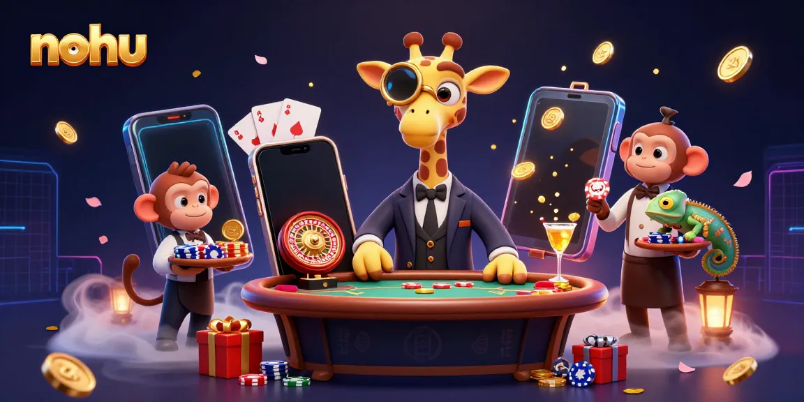 Engage in thrilling nohu gameplay with a giraffe and monkey at a bustling casino scene.