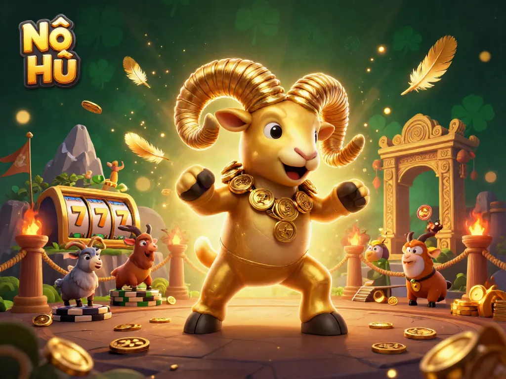 Engage in the thrilling world of Nổ Hũ with a dynamic scene of a golden ram charging through a casino.