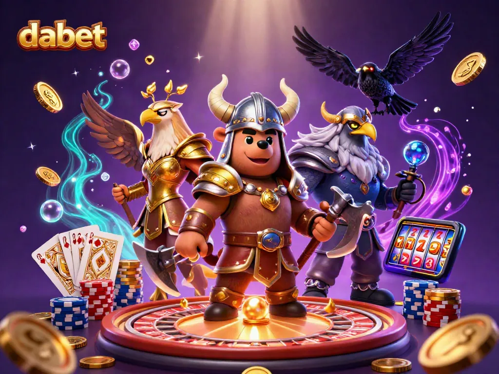 Engage with dabet's vibrant casino adventure featuring a Viking bear and Valkyrie eagle amidst dynamic gambling elements.