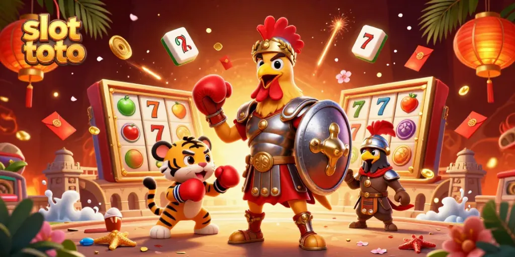 Menang besar dengan slot toto melalui simbol beruntung dan elemen bertema kasino.