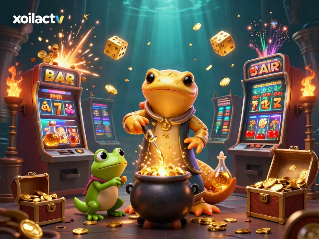 Xoilactv brings an enchanting 3D scene of a golden salamander alchemist and his frog apprentice amid dazzling casino elements.