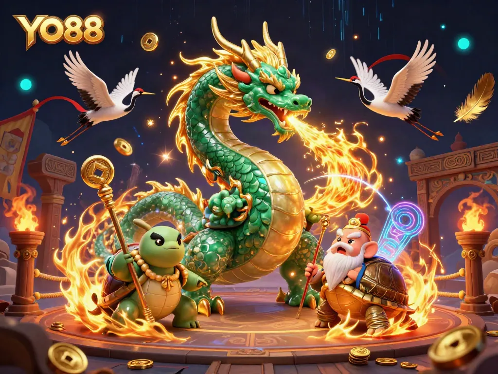 Win big with YO88 as an emerald jade dragon breathes fire, enhancing the casino atmosphere.