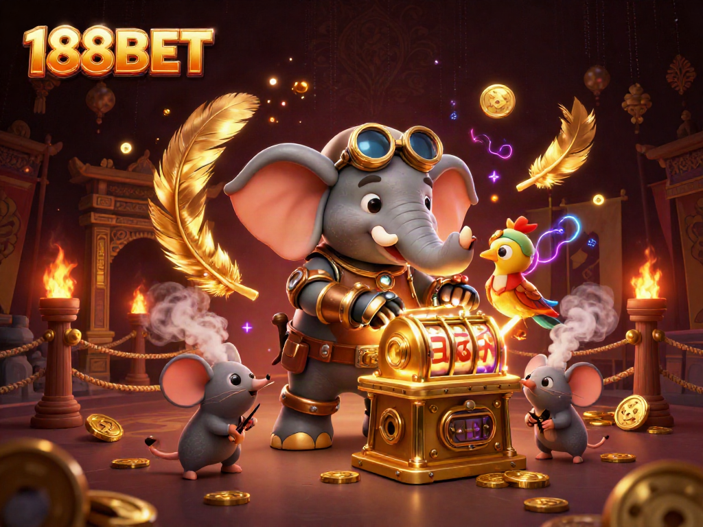 Experience 188BET action with a steampunk elephant at a golden slot machine, vibrant casino elements.
