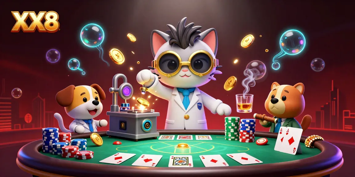 Experience thrilling gameplay at XX8 with mad scientist cat creating gold coins amidst poker excitement.