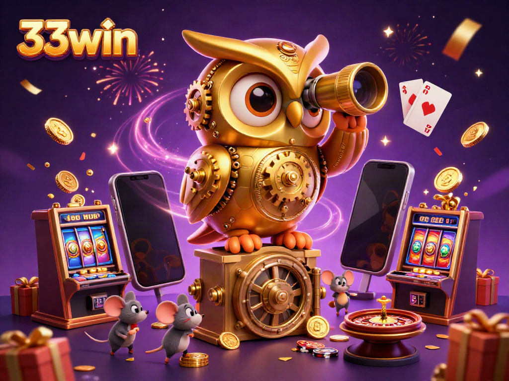 Experience the gaming excitement with 33win in a dynamic casino scene featuring an owl and lively characters.
