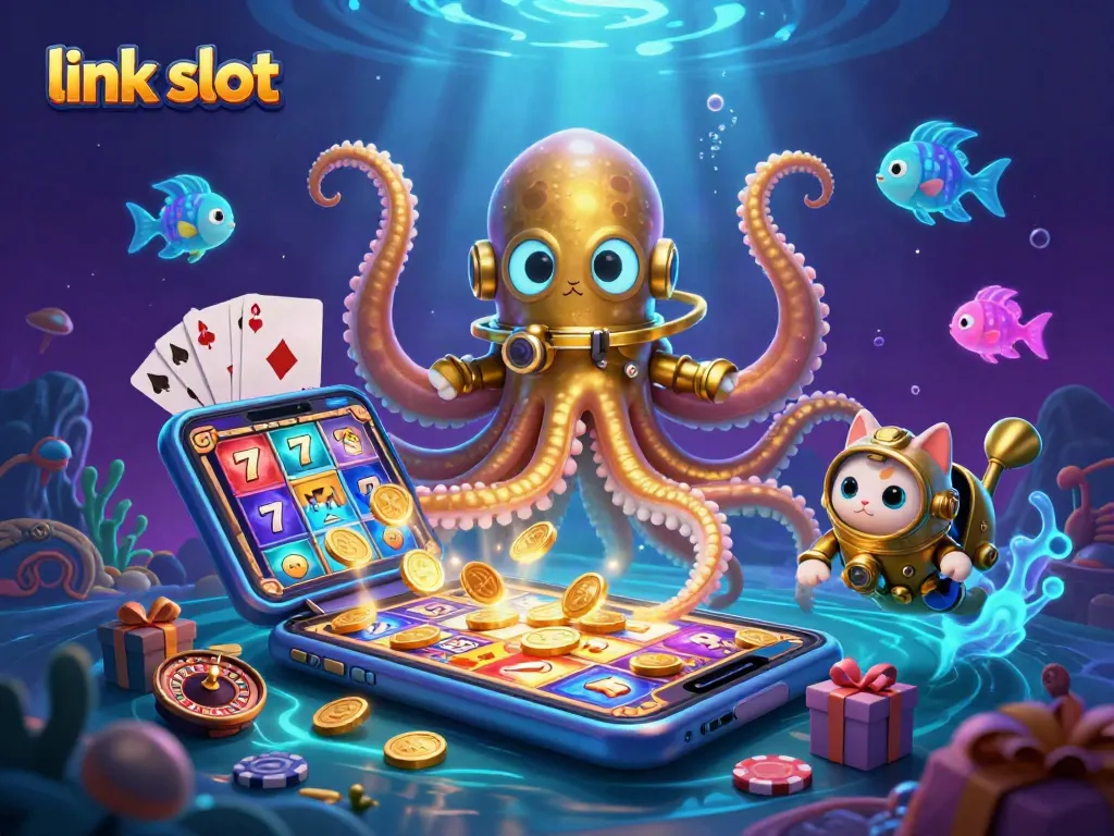 Experience the thrill of link slot gaming with an exuberant kraken, diving cat, and vibrant casino elements.