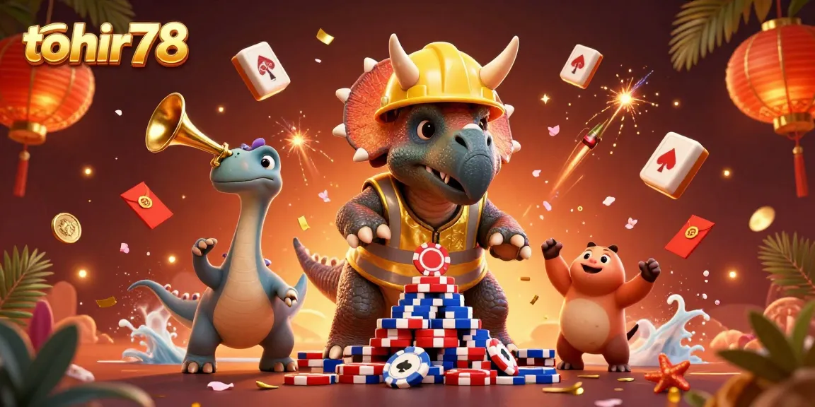 Experience the vibrant energy of tohir78 with a triceratops building poker chip towers.