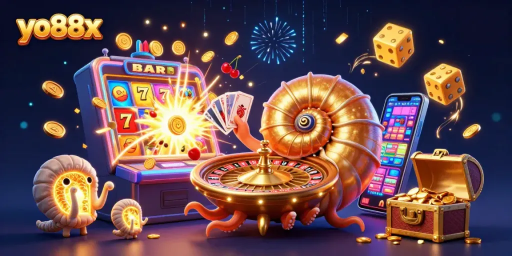 Experience the thrill of winning at yo88x with an ultra-detailed casino scene featuring a giant roulette wheel and animated game elements.