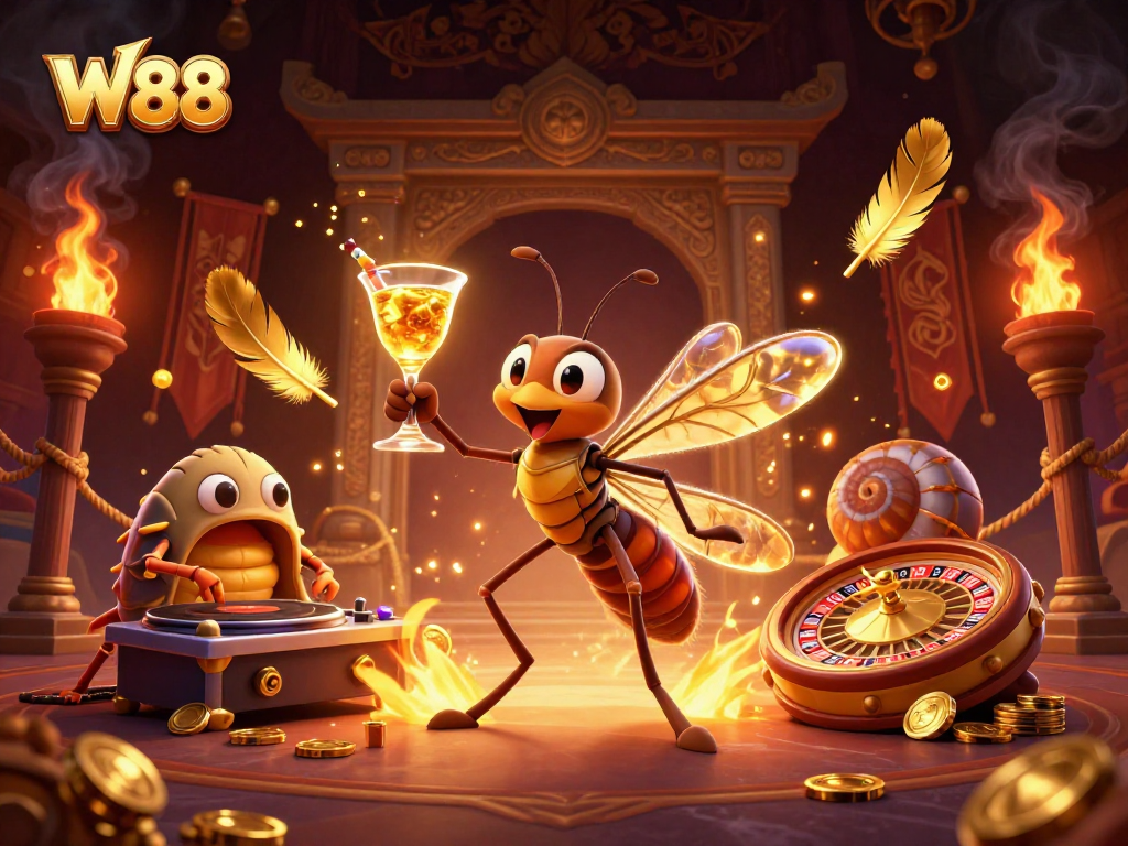Engage with the vibrant W88 casino scene featuring an amber mosquito mascot, DJ trilobite, and golden roulette wheel.