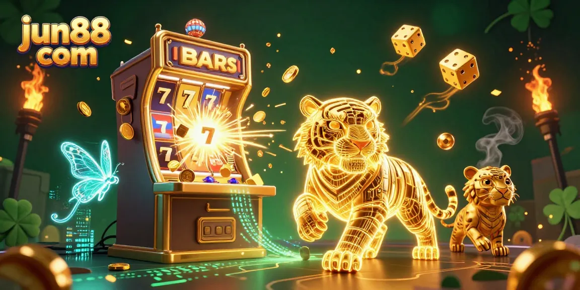 Experience the vibrant casino excitement with jun88 com, featuring a golden tiger amidst jackpot celebrations.