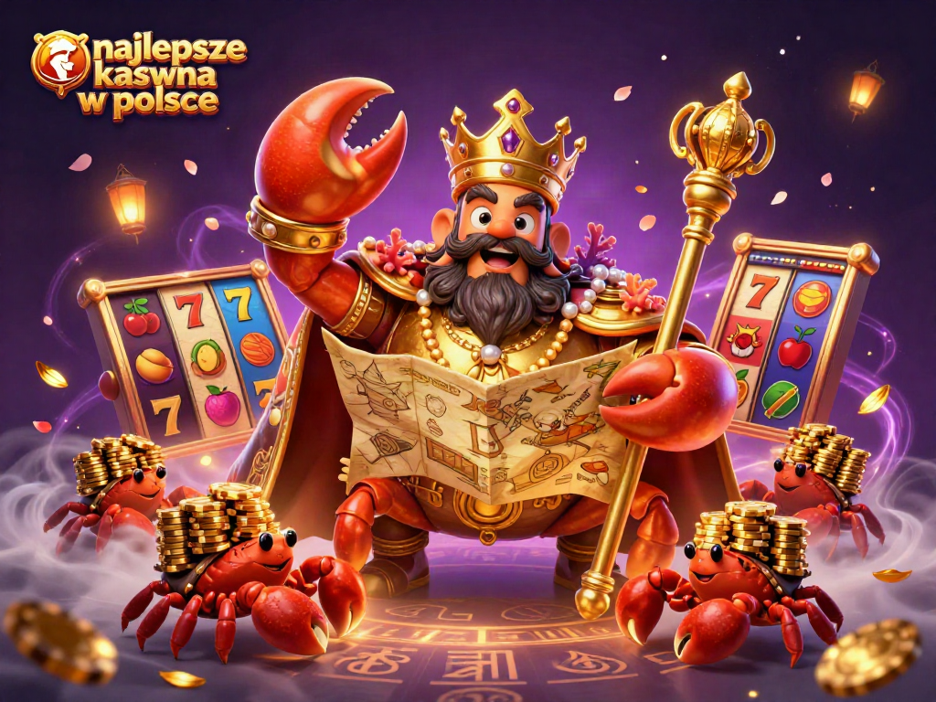 Engage with the thrilling world of najlepsze kasyna w polsce through a captivating 3D illustration featuring a golden crab emperor amidst colorful slot game elements.