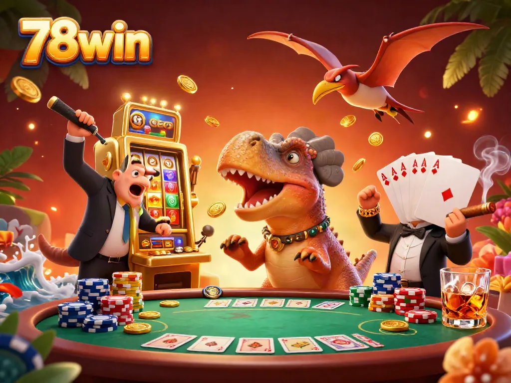 Catch the jackpot at 78win with a dinosaur-themed casino illustration showing dynamic gaming action.