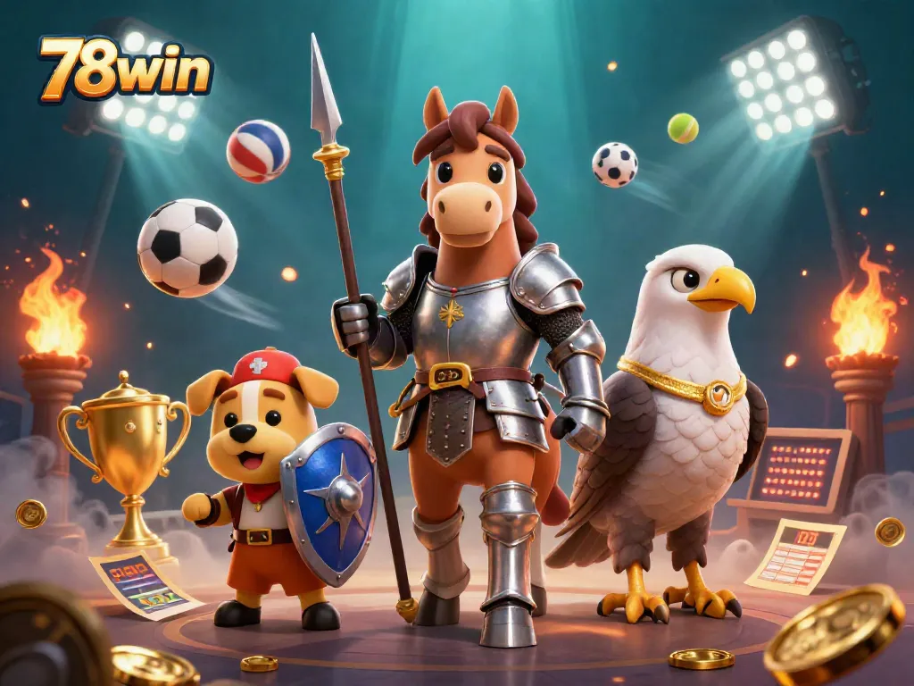 Engage in thrilling gameplay with 78win's dynamic casino scene featuring unique characters and vibrant sports elements.