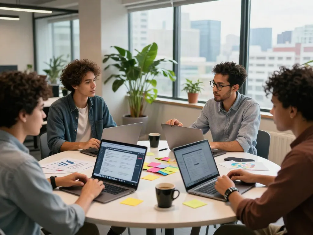 ISTANA404 team collaborating on innovative business ideas in a modern workspace.