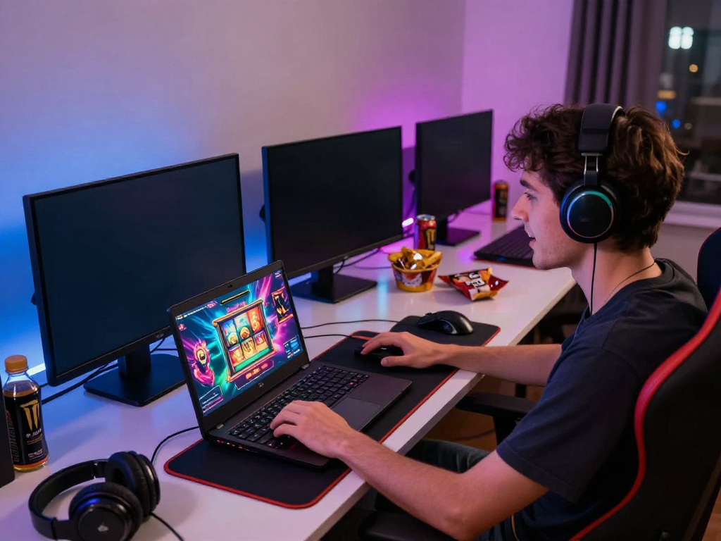 Player immersed in slot88 gaming on laptop, showcasing vibrant game graphics and a dynamic home setup.