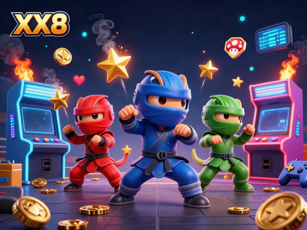 Engage with XX8’s gaming experience as ninja chameleons bring vibrant action to a casino-themed digital illustration.