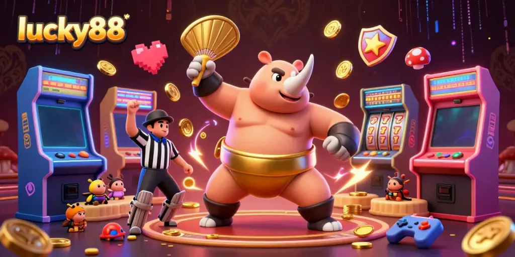 Experience thrilling gameplay at lucky88 as a rhinoceros beetle champion sends golden coins flying in a vibrant casino scene.