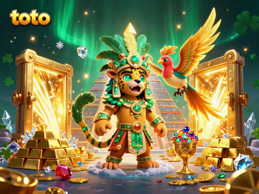 Experience the excitement of toto gaming with vibrant treasures and dynamic characters in this 3D digital illustration.