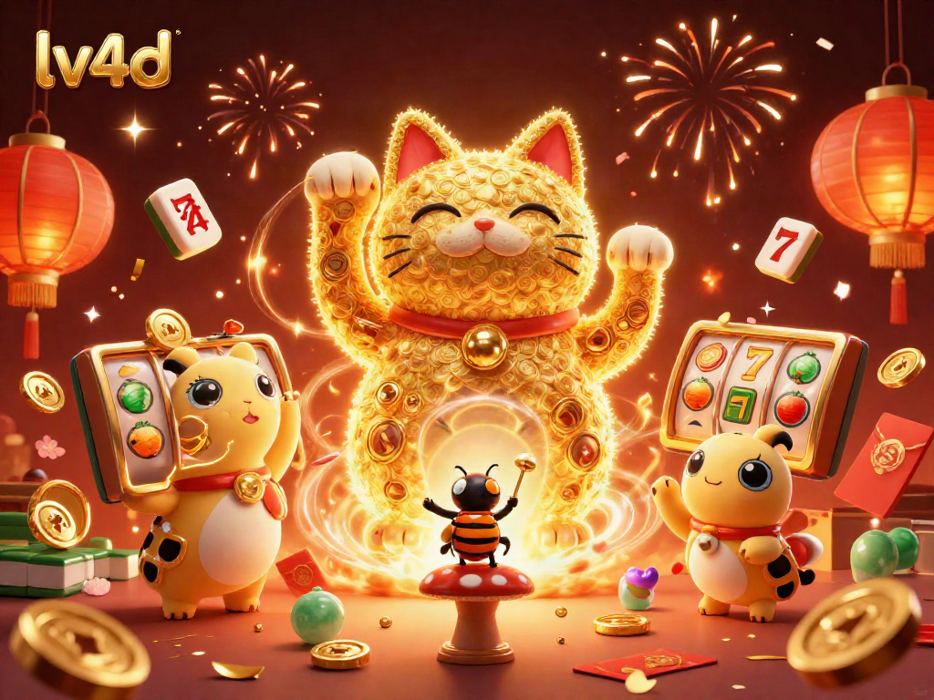 Experience the vibrant lv4d casino world as the lucky cat waves amid colorful slot reels and festive decorations.