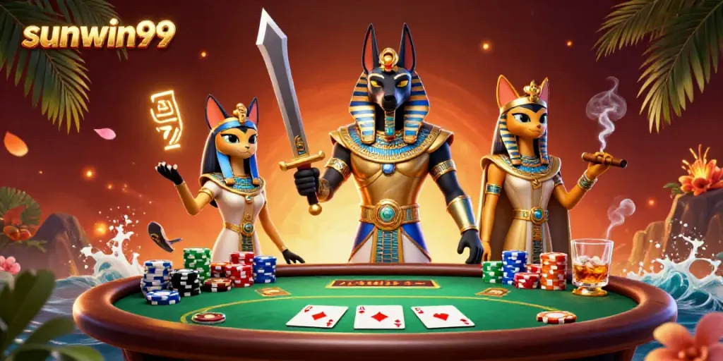 Engage in thrilling card play at sunwin99 with Anubis and Bastet in a vibrant casino scene.