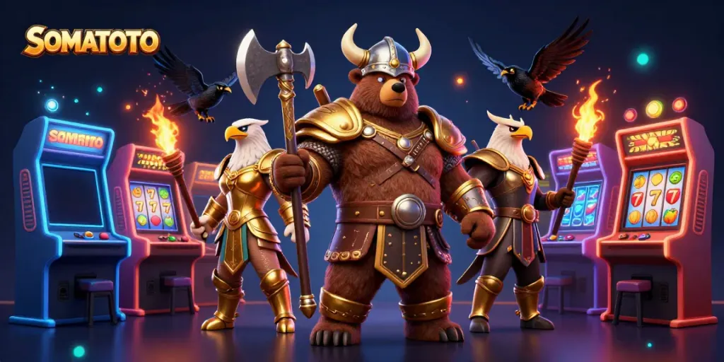 SOMATOTO gaming scene featuring a Viking berserker bear and Valkyrie eagle around slot machines