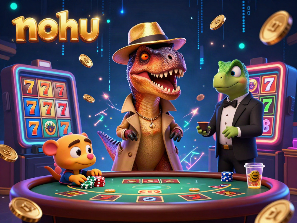 Experience the thrill of nohu as a velociraptor card counter operates sneakily at a blackjack table amidst a vibrant gambling scene.